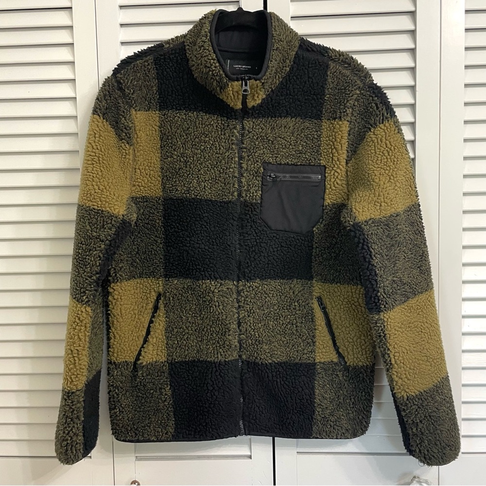 Lucky Brand Fleece Jacket Full Zip Mens Small Deep Pile Sherpa Black/gold Plaid